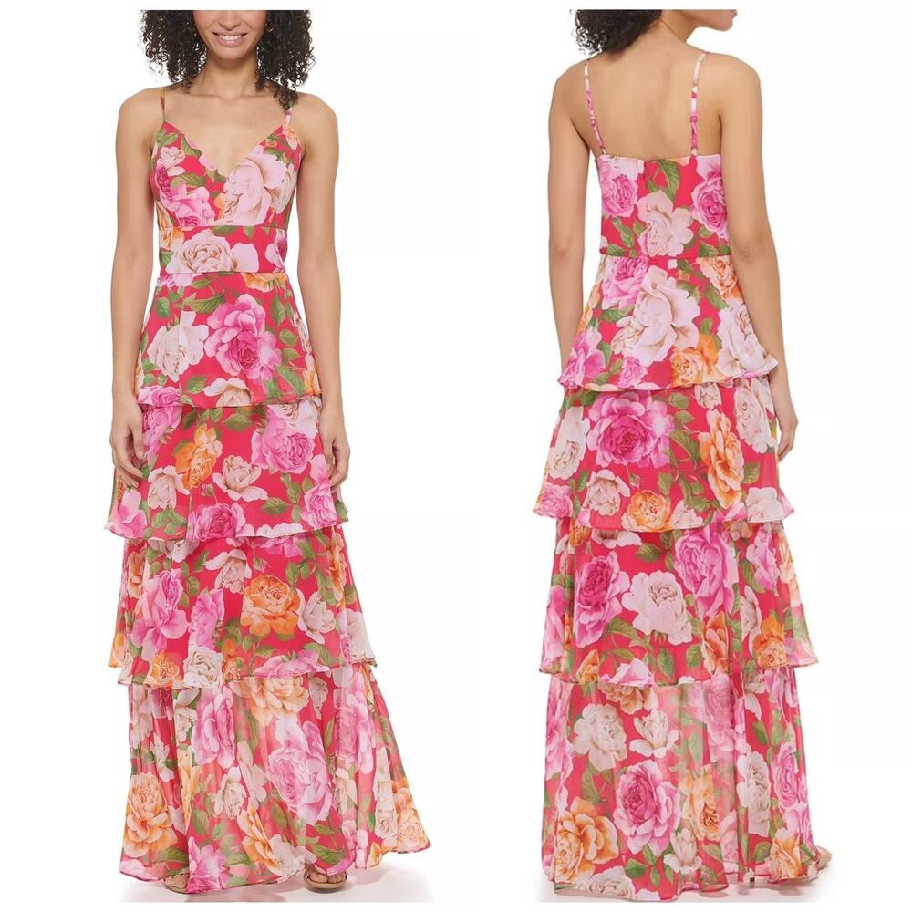 Eliza J Hot Pink Spaghetti Strap Floral Print Tiered V-Neck Gown Size 12